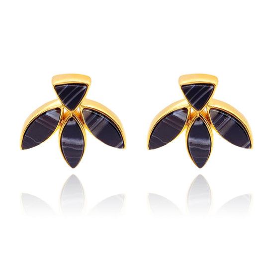 Floral Escape Black Banded Agate Stud Earrings - Gold